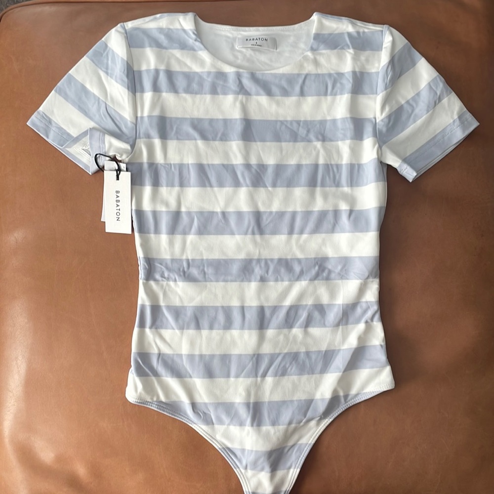 Aritzia Striped Short Sleeve Bodysuit in Light Blue and White